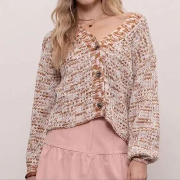 Blu Pepper Marled Button Front Cardigan NWT Cream Brown Pink Size Large - Picture 1 of 13